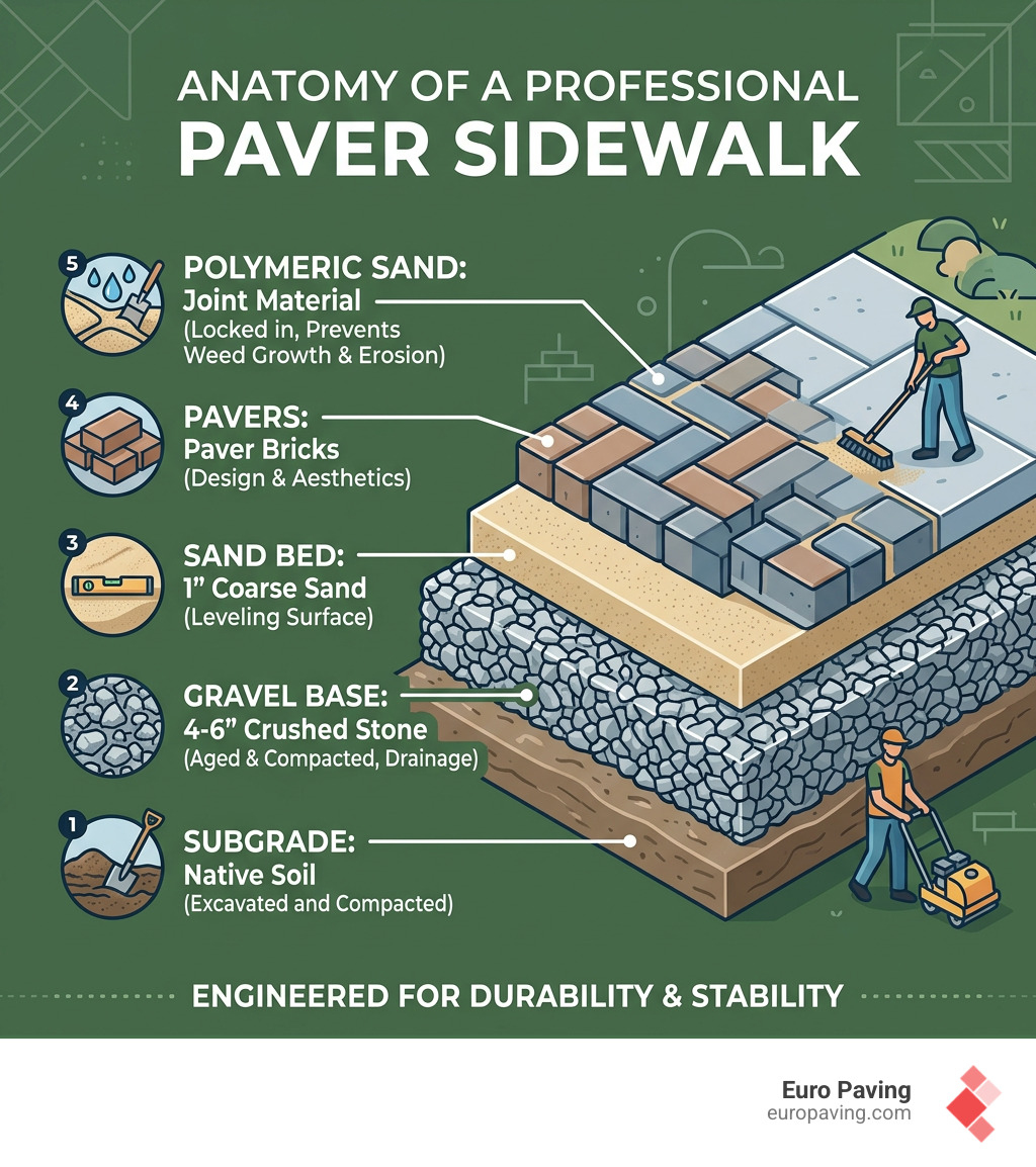 Structural layers of a professional paver sidewalk: subgrade, gravel base, sand bed, pavers, polymeric sand - paving a