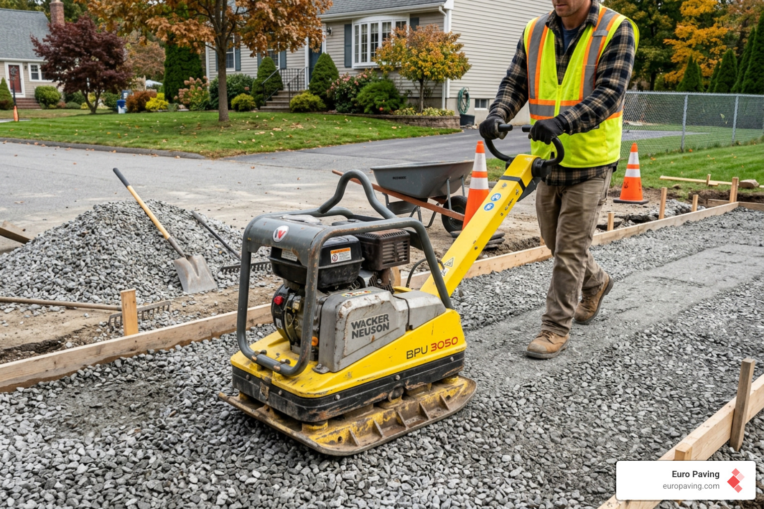 Commercial plate compactor on a crushed limestone base for a new sidewalk - paving a sidewalk
