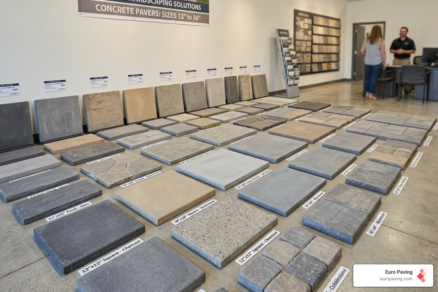 A display of various paver dimensions side-by-side from 12x12 to 36x36 slabs - large walkway pavers A display of various paver dimensions side-by-side from 12x12 to 36x36 slabs - large walkway pavers