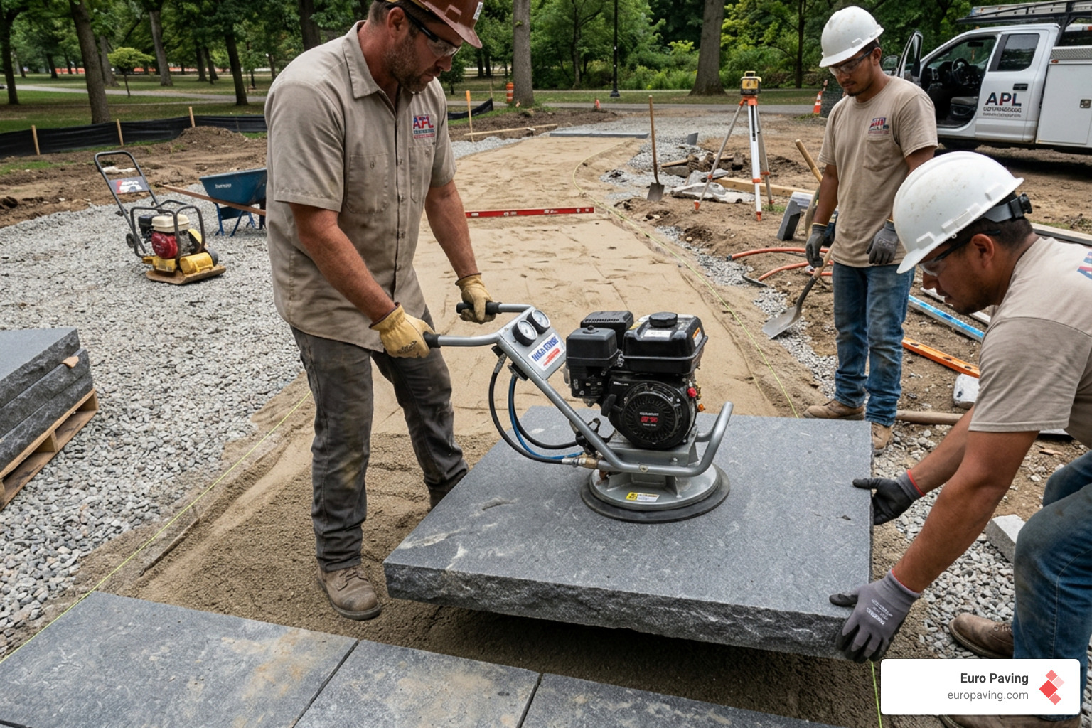 Contractors using a vacuum lifter to precisely set a 36-inch granite paver - large walkway pavers Contractors using a vacuum lifter to precisely set a 36-inch granite paver - large walkway pavers