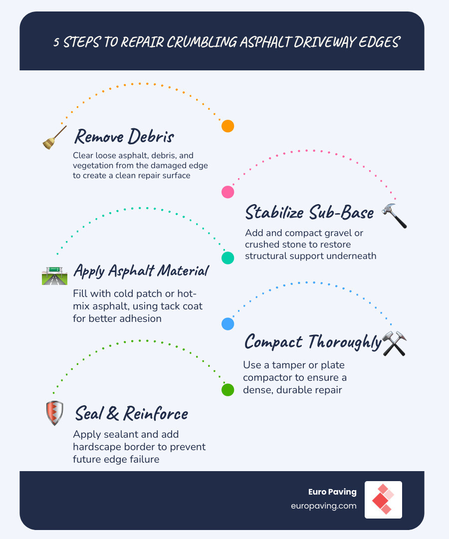 Infographic showing 6 steps to repair crumbling asphalt driveway edges with cost comparison - repair crumbling edge asphalt Infographic showing 6 steps to repair crumbling asphalt driveway edges with cost comparison - repair crumbling edge asphalt