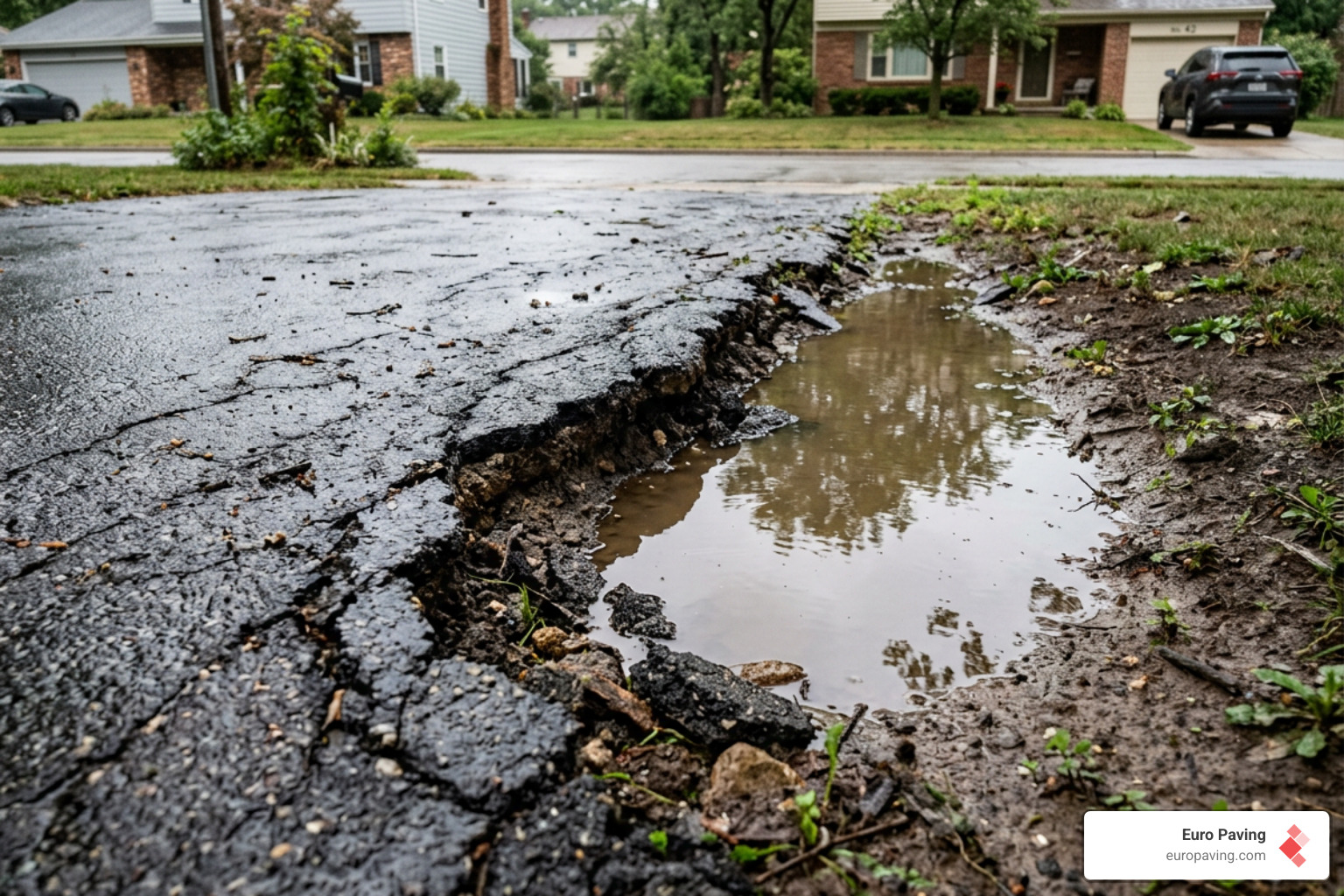 Water pooling at a driveway edge causing erosion - repair crumbling edge asphalt driveway Water pooling at a driveway edge causing erosion - repair crumbling edge asphalt driveway