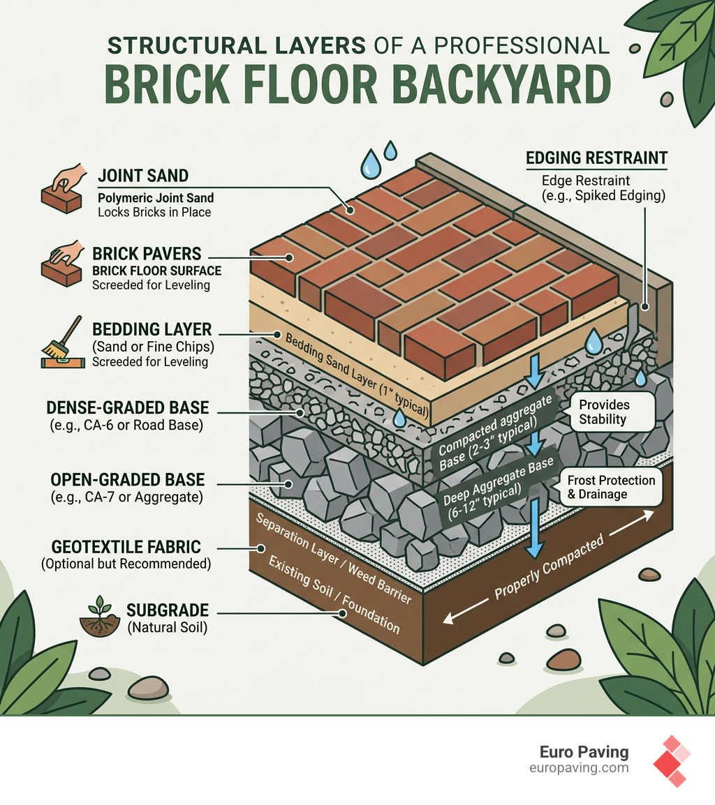 Infographic showing structural layers of a professional brick floor backyard from subgrade to surface - brick floor backyard Infographic showing structural layers of a professional brick floor backyard from subgrade to surface - brick floor backyard
