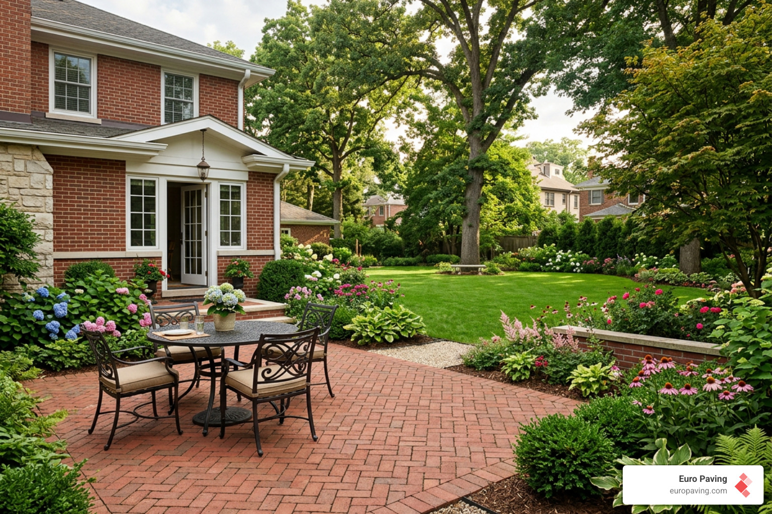classic red brick patio in a Chicago suburb with professional landscaping - brick patio pictures