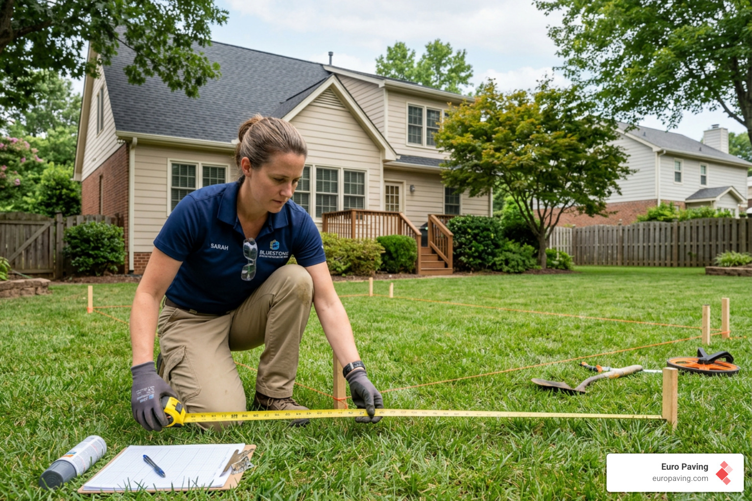 technician measuring a backyard for a patio project - paver calculator square feet technician measuring a backyard for a patio project - paver calculator square feet