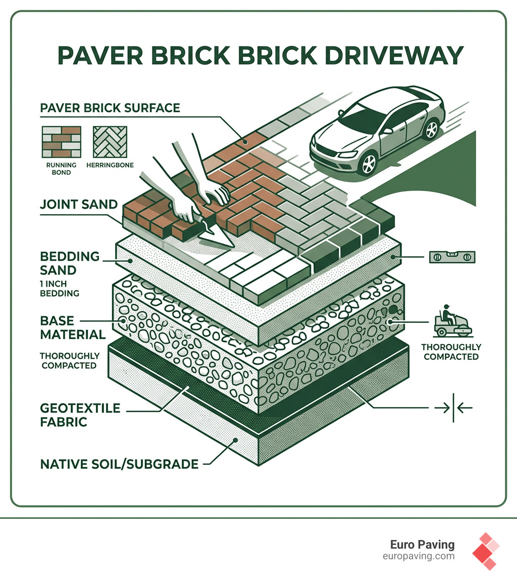 Infographic showing structural layers of a professional paver brick driveway installation - paver brick driveway infographic Infographic showing structural layers of a professional paver brick driveway installation - paver brick driveway infographic