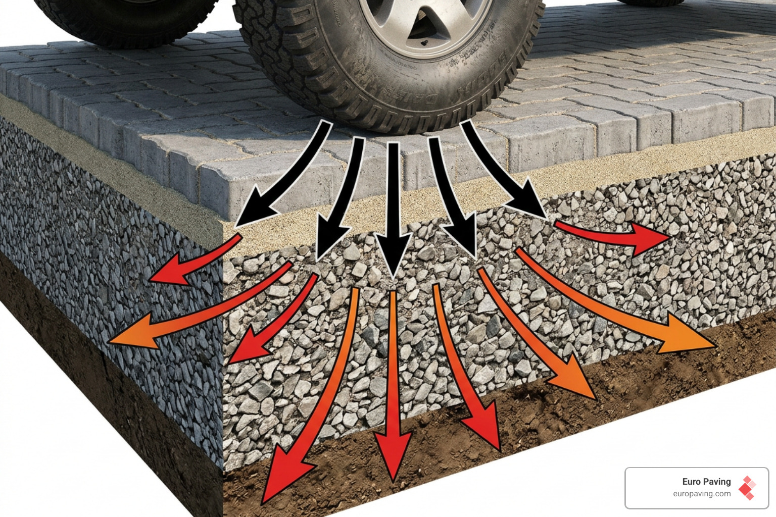 Interlocking pavers under heavy vehicle load showing weight distribution - paver brick driveway Interlocking pavers under heavy vehicle load showing weight distribution - paver brick driveway