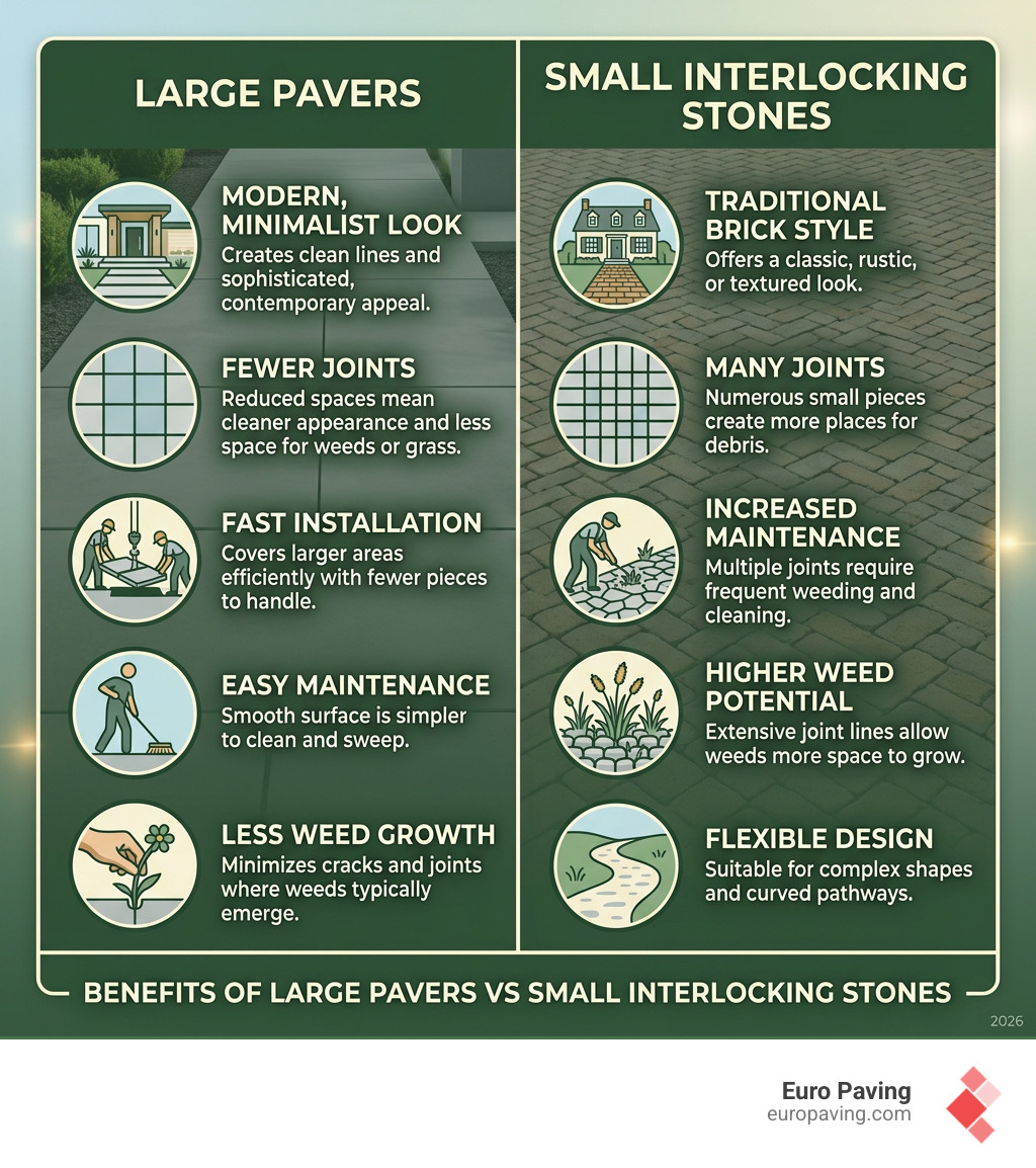 Benefits of large pavers vs small interlocking stones infographic - large paver walkway ideas infographic Benefits of large pavers vs small interlocking stones infographic - large paver walkway ideas infographic