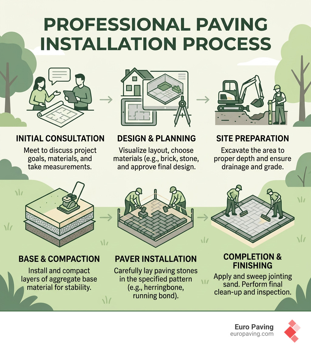 Infographic showing the professional paving installation process from consultation to completion - garden paving contractors