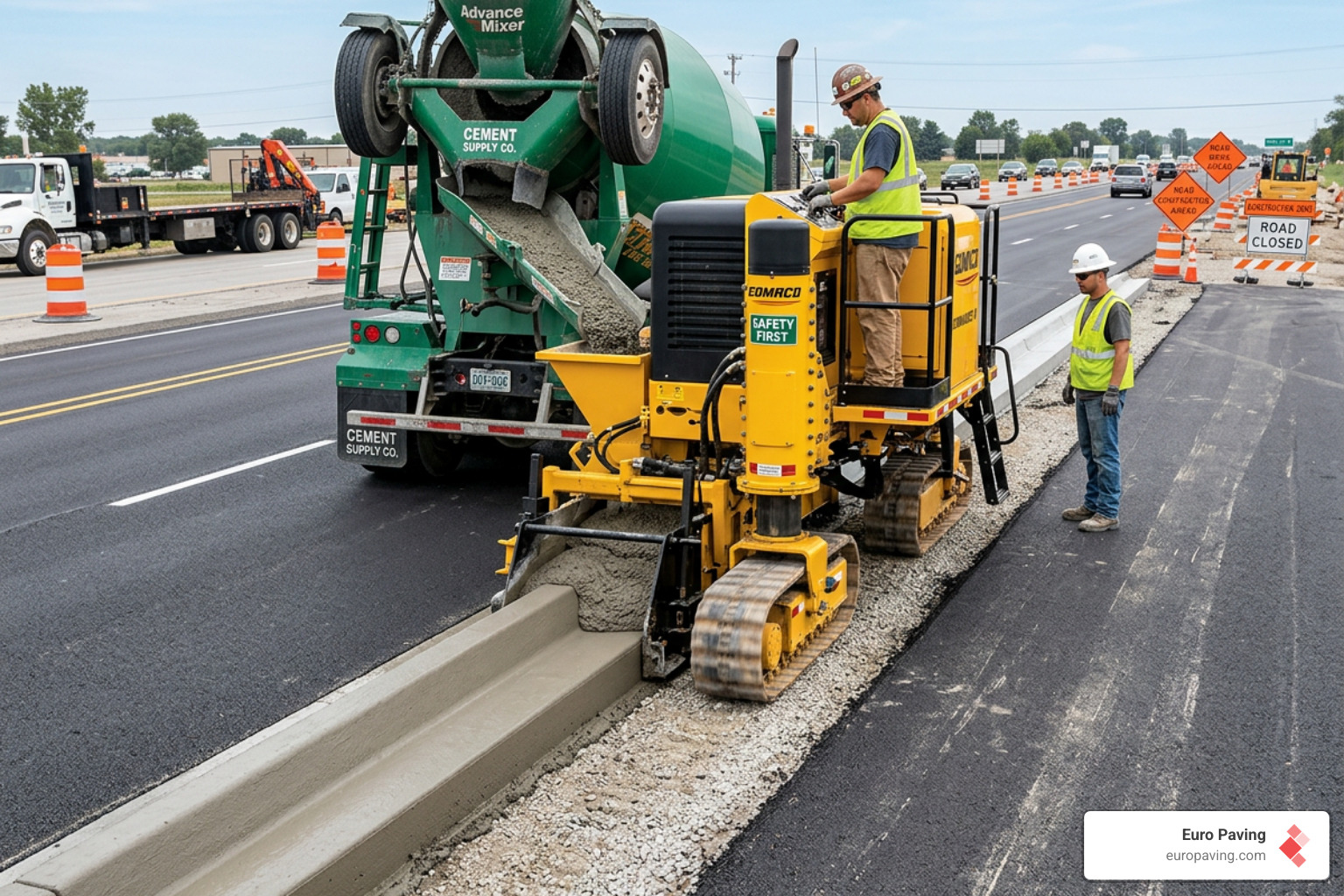 Offset curb machine pouring a precision concrete profile next to a new roadway - concrete paving machine