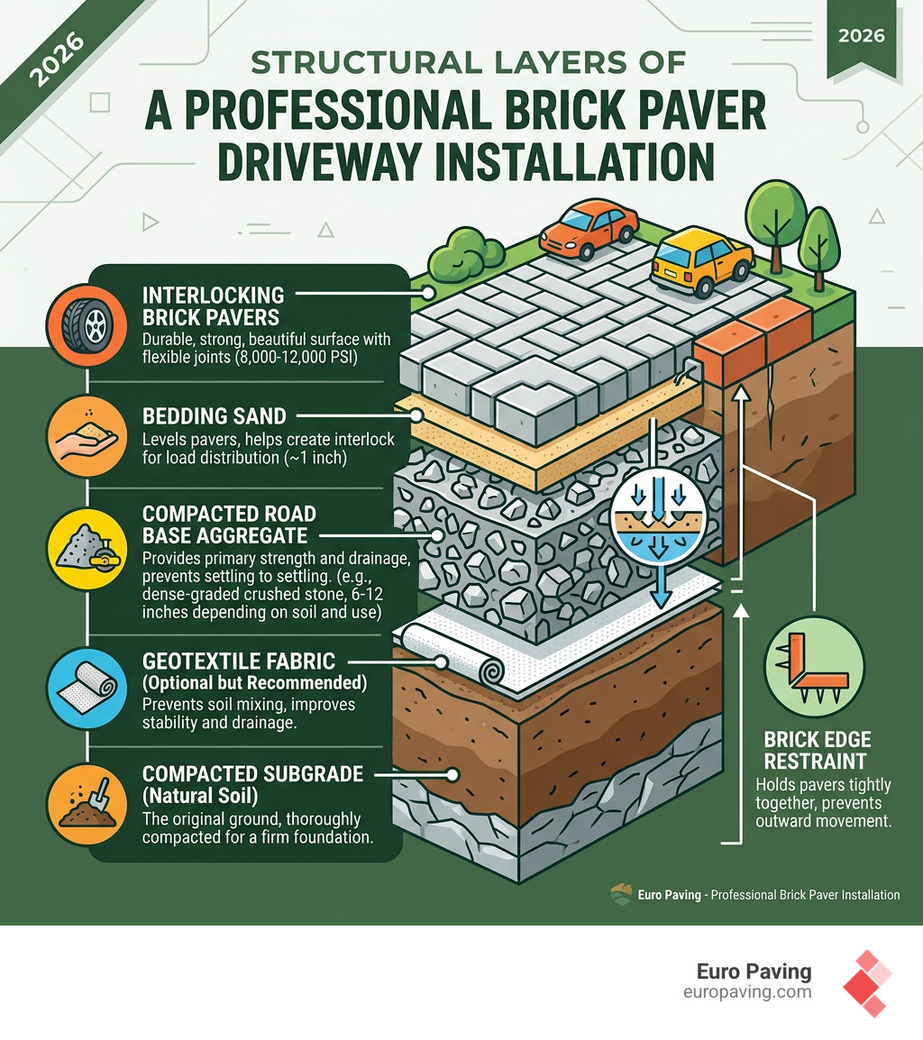 Structural layers of a professional brick paver driveway installation infographic - brick paver driveway infographic 