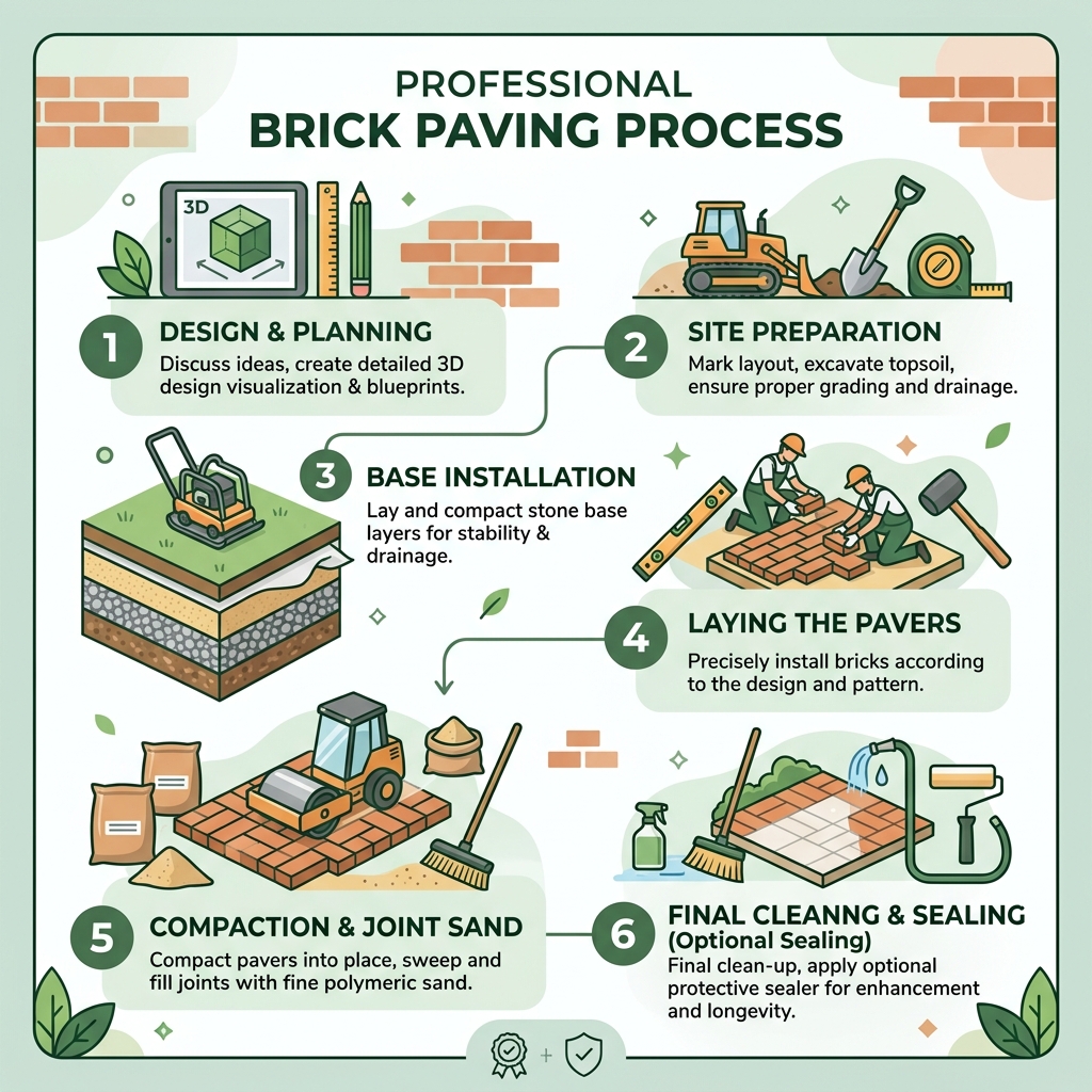 Infographic showing steps in the professional brick paving process from design to installation - brick paving companies