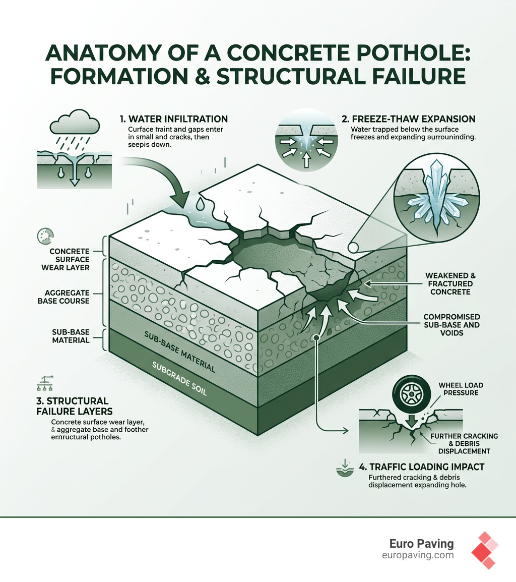 Anatomy of a concrete pothole showing water infiltration, freeze-thaw expansion, and structural failure layers - repairing Anatomy of a concrete pothole showing water infiltration, freeze-thaw expansion, and structural failure layers - repairing