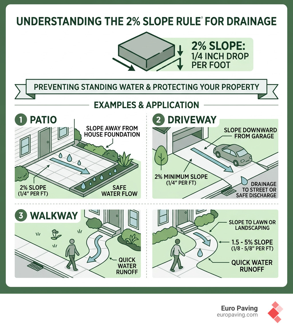 Infographic showing the 2% slope rule: 1/4 inch drop per foot, with examples for patio, driveway, and walkway surfaces Infographic showing the 2% slope rule: 1/4 inch drop per foot, with examples for patio, driveway, and walkway surfaces