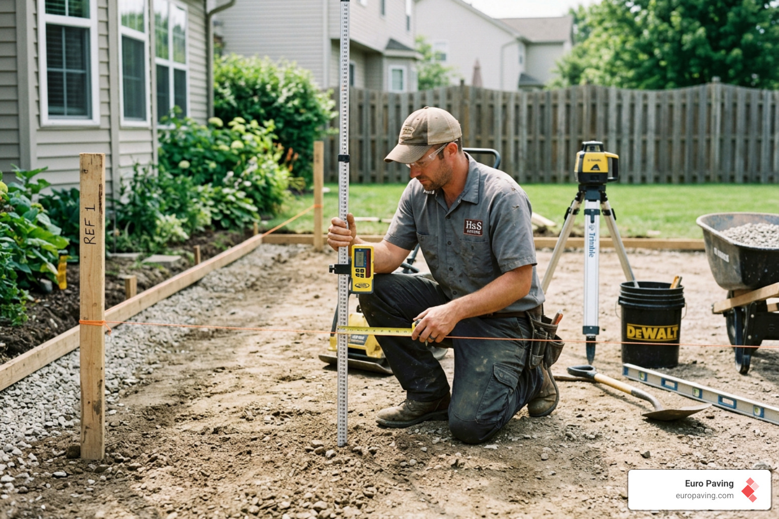 Contractor measuring grade with a string line and stakes - paving slope for drainage Contractor measuring grade with a string line and stakes - paving slope for drainage