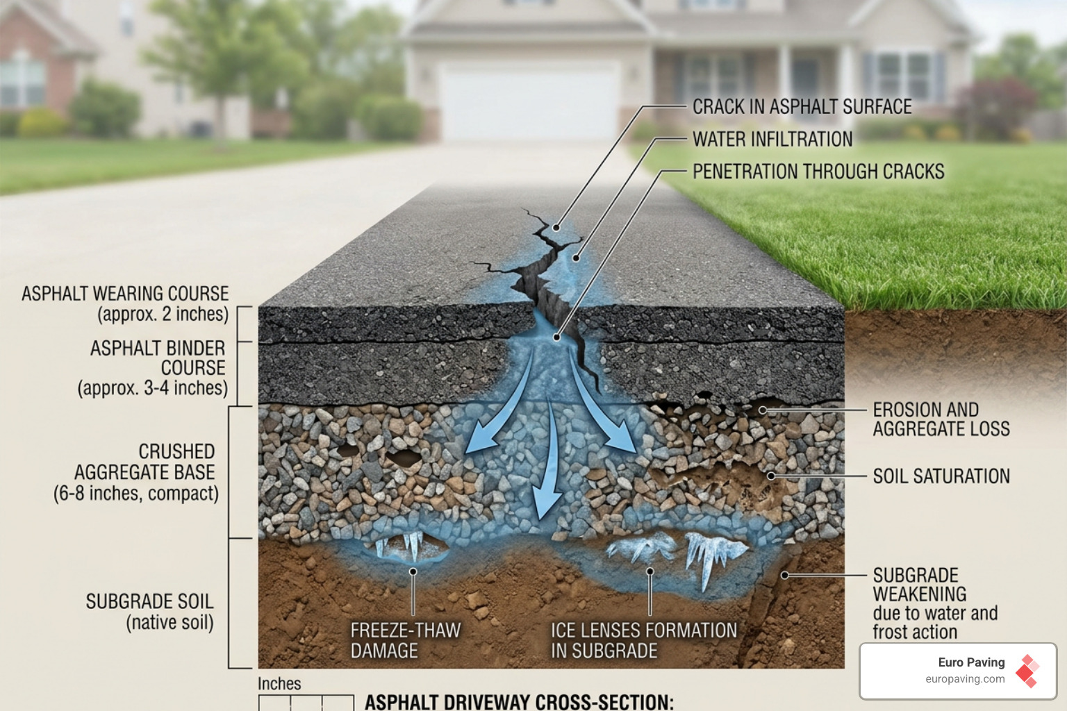 cross-section of asphalt layers showing water penetration and sub-base erosion - patching driveway potholes