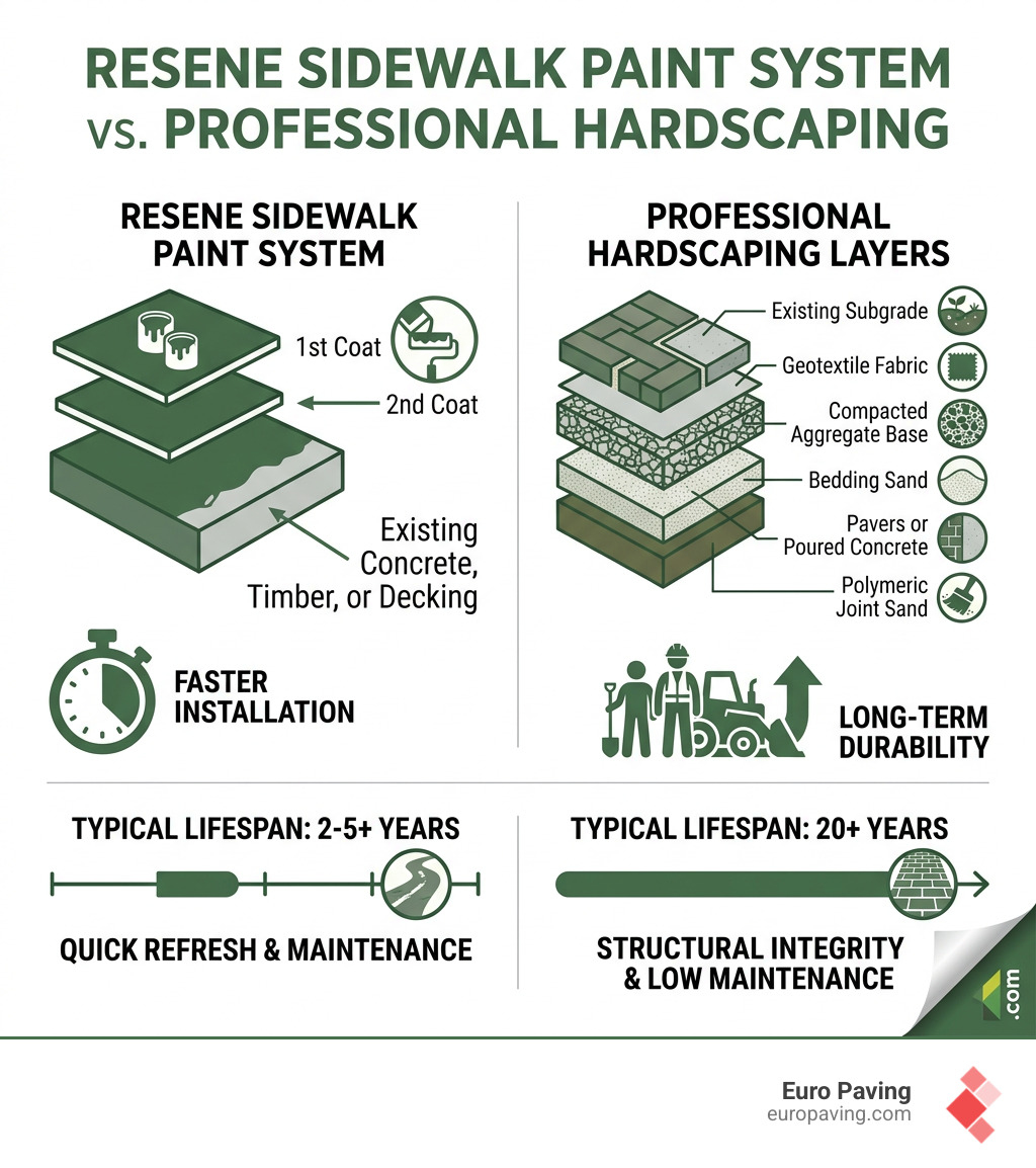 Infographic comparing Resene Sidewalk paint system specs vs professional hardscaping layers and lifespan - resene sidewalk