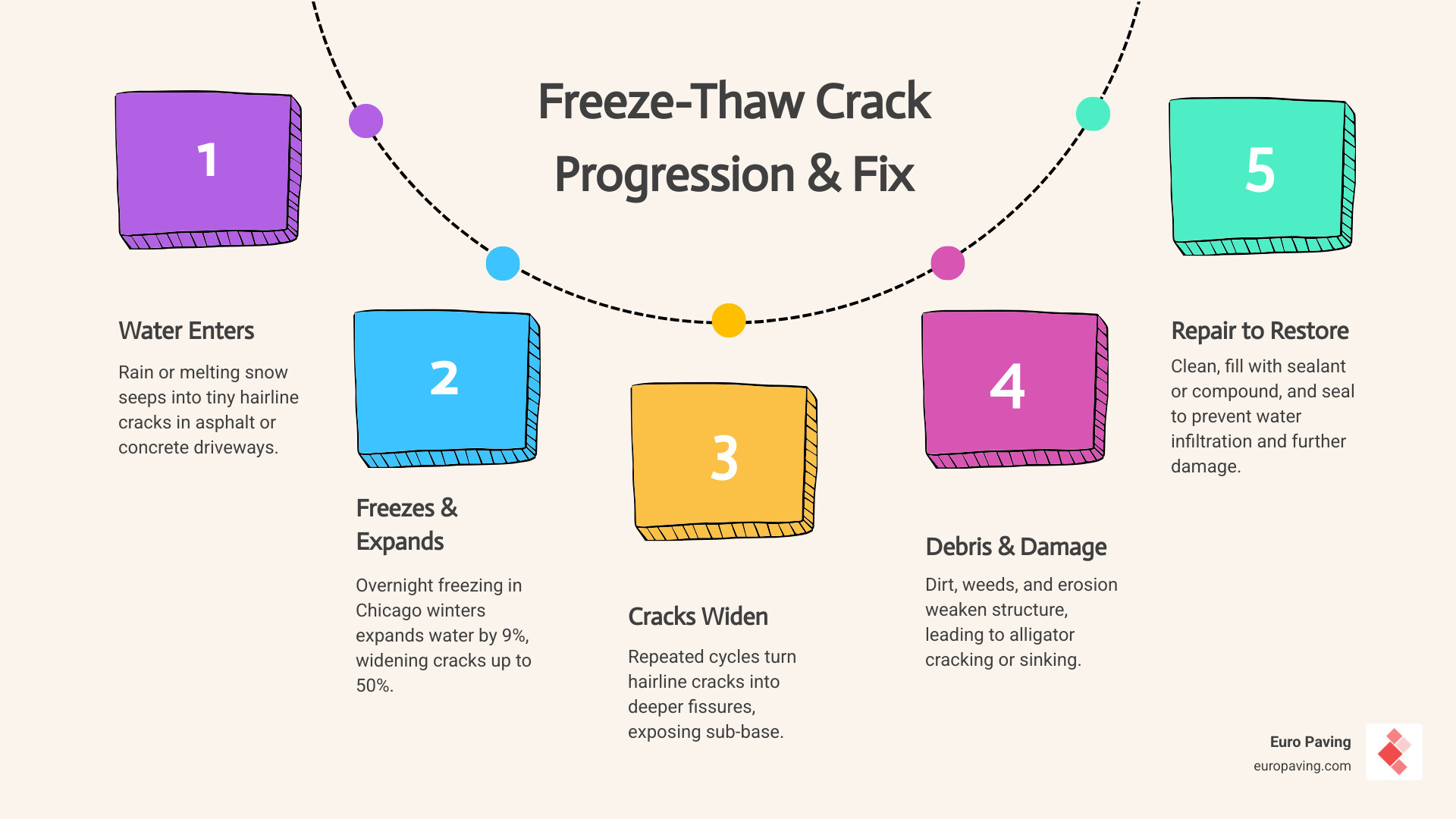 Infographic showing freeze-thaw crack progression and repair steps for Chicago driveways - cracked driveway fix infographic