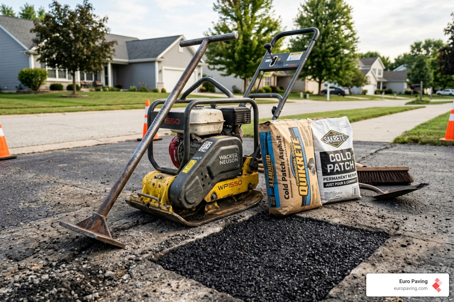 Professional-grade asphalt tamping tools and cold patch bags - fill hole in asphalt driveway