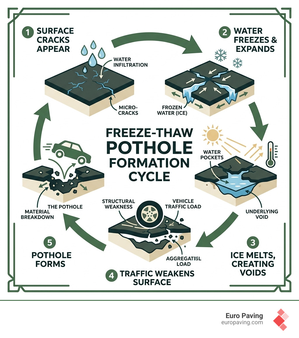 Infographic showing the freeze-thaw pothole formation cycle in tarmac driveways - repairing potholes in tarmac drive