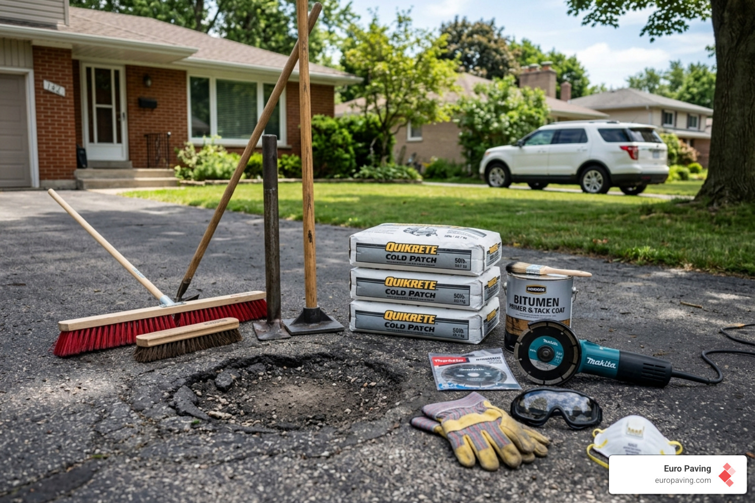 Essential tools for tarmac and driveway repair including tamper, broom, and cold patch bags - repairing potholes in tarmac