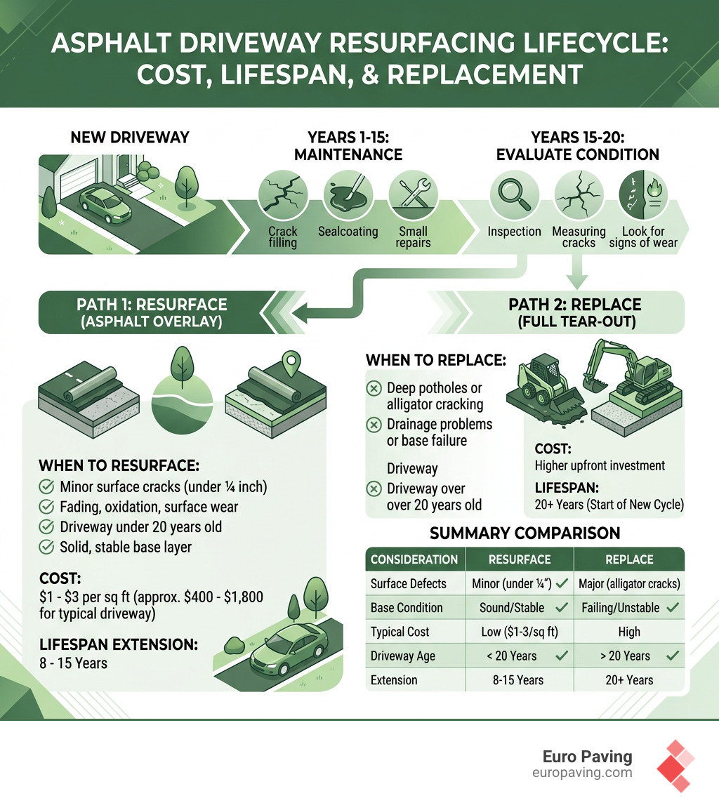 Asphalt driveway resurfacing lifecycle infographic showing cost, lifespan, and when to resurface vs replace - asphalt Asphalt driveway resurfacing lifecycle infographic showing cost, lifespan, and when to resurface vs replace - asphalt