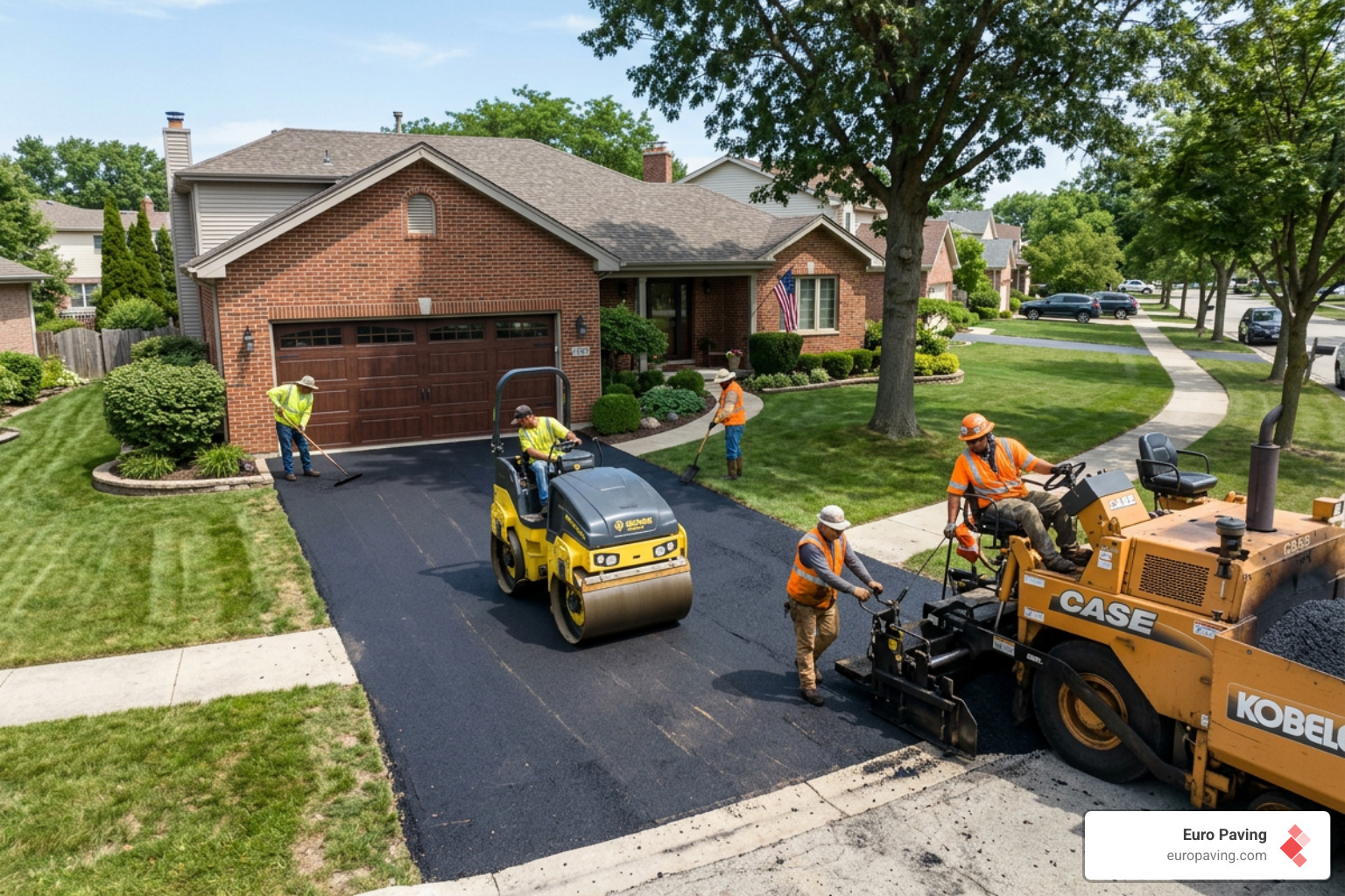 Professional paving equipment in action on a Chicago driveway - asphalt driveway resurfacing Professional paving equipment in action on a Chicago driveway - asphalt driveway resurfacing