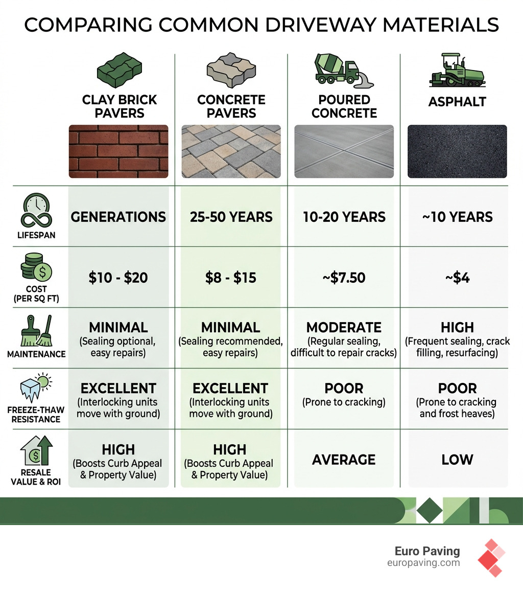Infographic comparing driveway materials: lifespan, cost per sq ft, maintenance, and ROI - brick for driveway infographic 