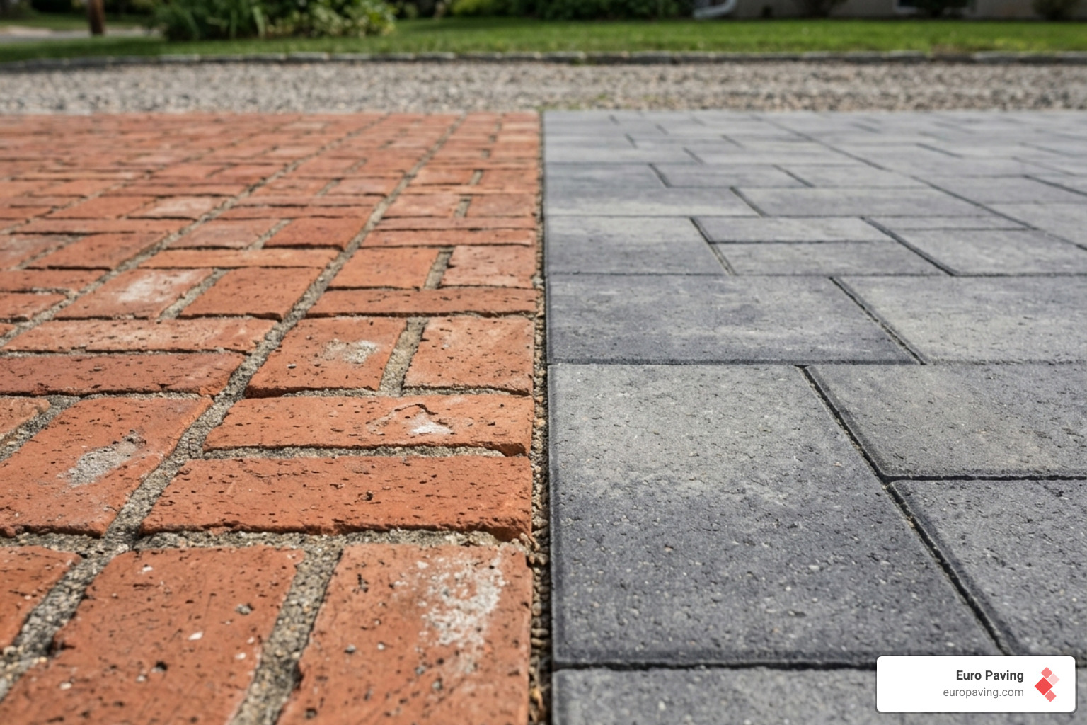 Comparing clay brick and concrete paver textures side-by-side - brick for driveway