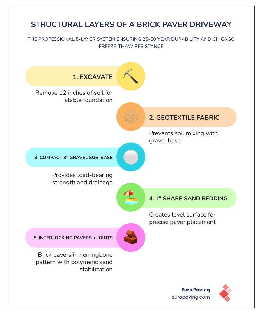 Infographic: structural layers of a brick paver driveway from soil to surface - brick paving a driveway infographic Infographic: structural layers of a brick paver driveway from soil to surface - brick paving a driveway infographic