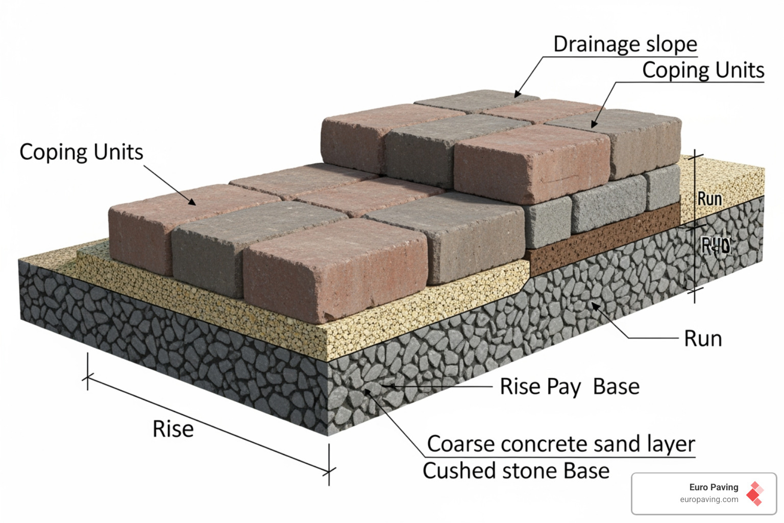 Cross-section of a professionally installed brick paver step showing base layers