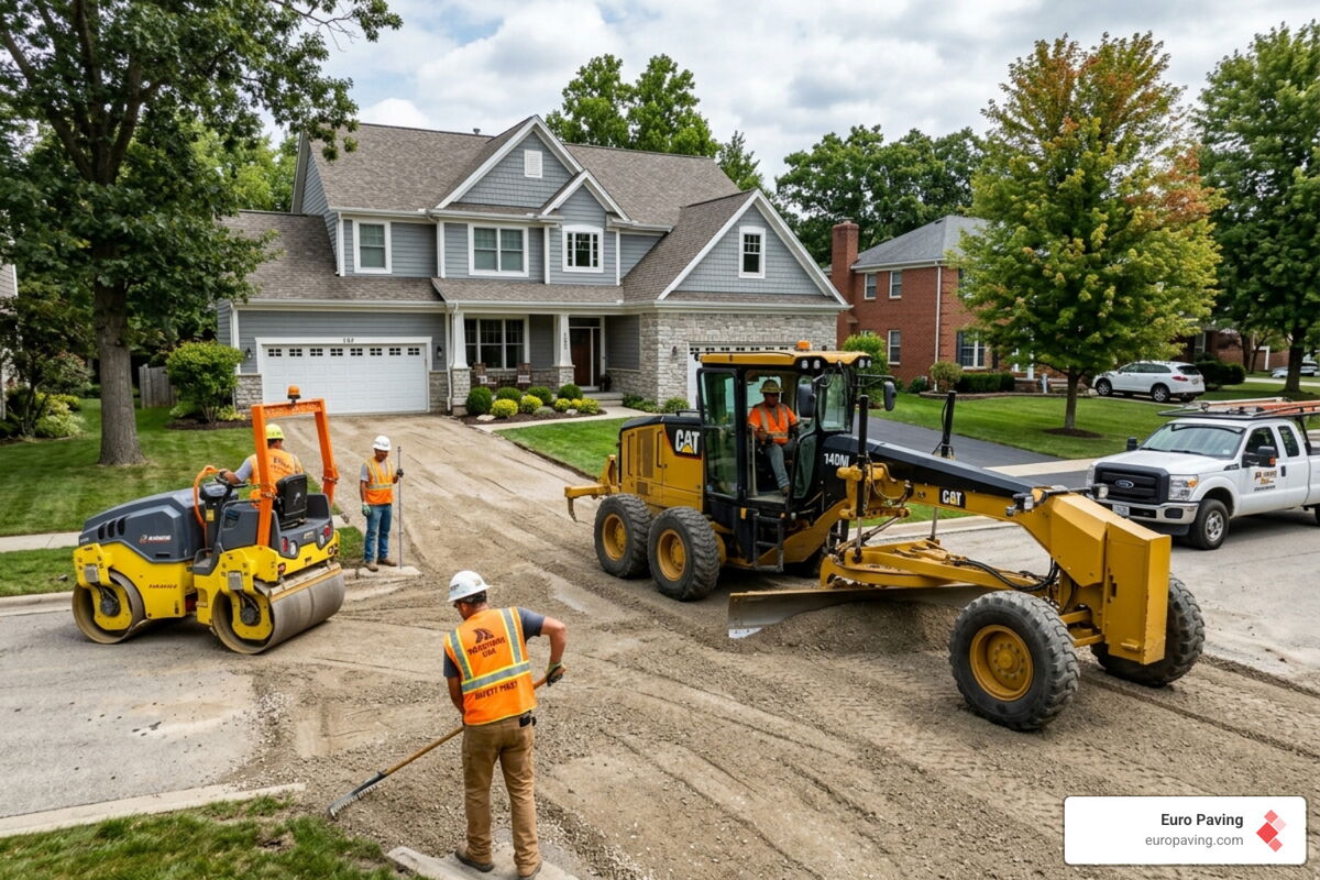 Professional contractors using modern paving equipment to grade a residential driveway - driveway and walkway contractors Professional contractors using modern paving equipment to grade a residential driveway - driveway and walkway contractors