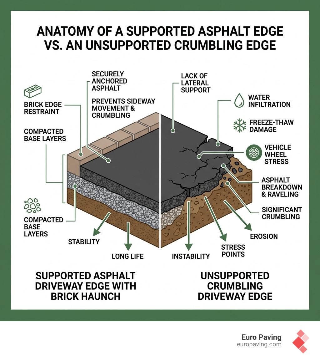 Anatomy of a supported asphalt driveway edge with brick haunch vs. unsupported crumbling edge - fix asphalt driveway edge