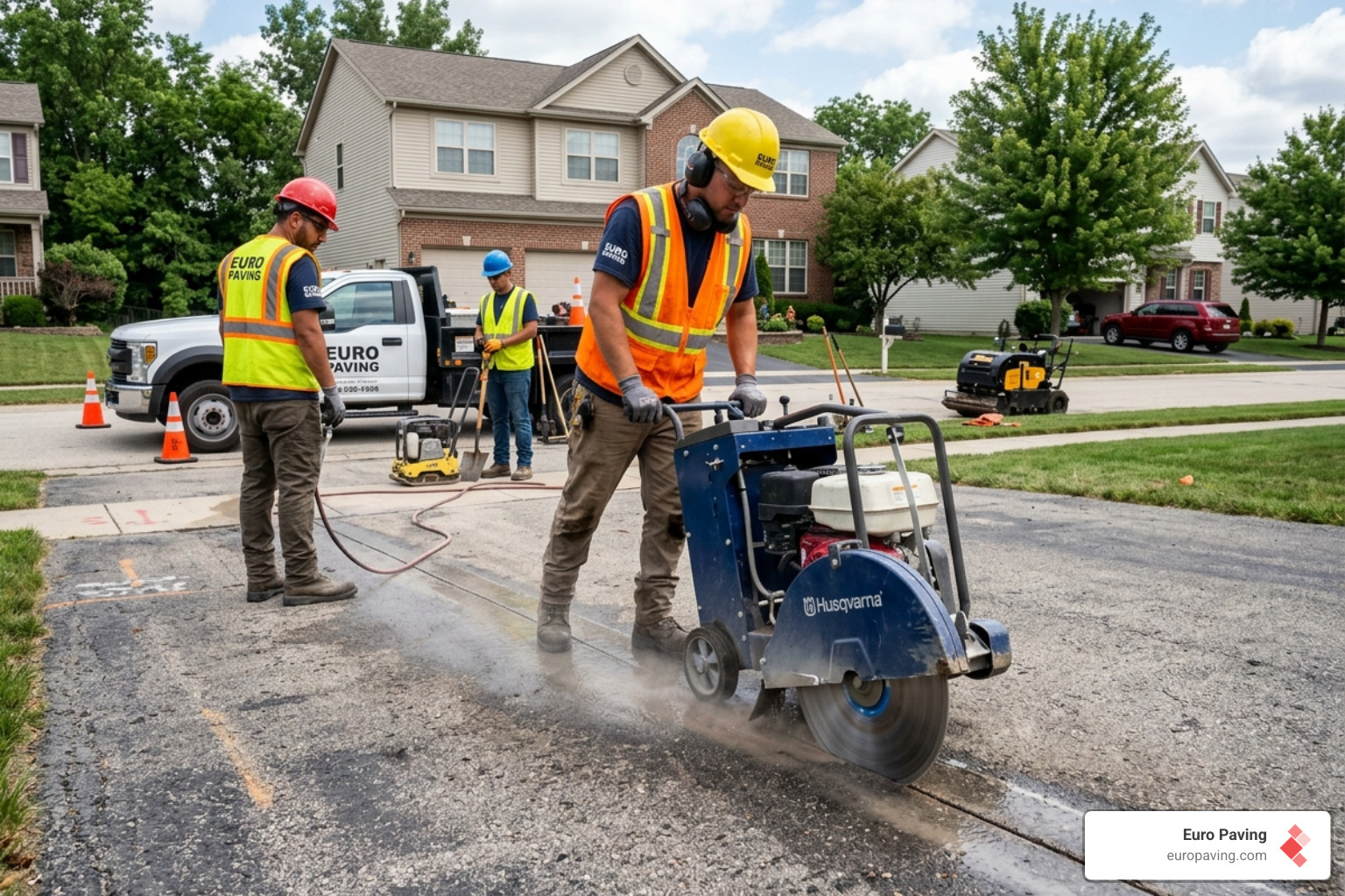 Euro Paving crew using a diamond blade saw on asphalt - fix asphalt driveway edge