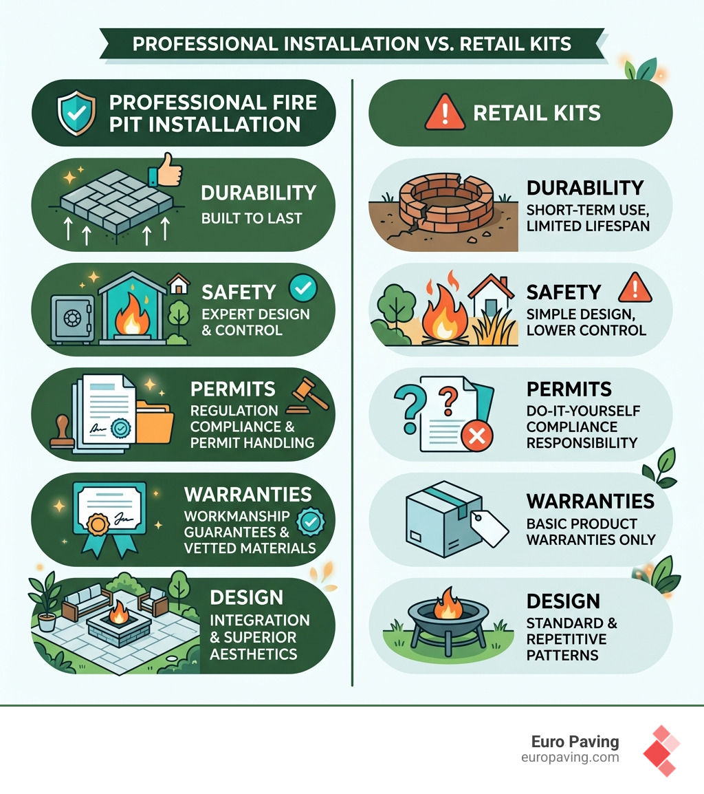 Infographic showing benefits of professional fire pit installation vs. retail kits: durability, safety, permits, warranties