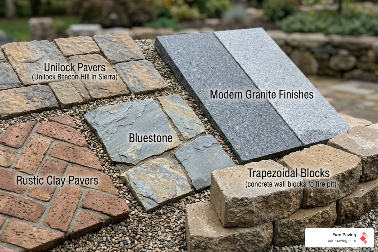 A display of various stone textures and colors: from rustic clay pavers to modern granite finishes - fire pit contractors