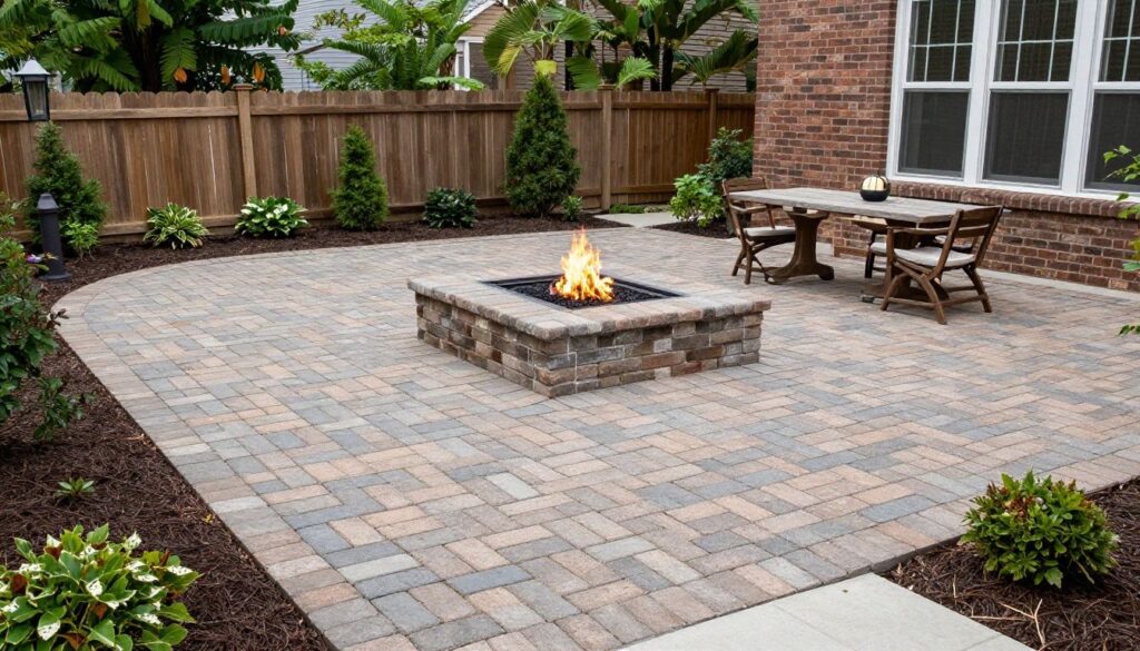 A beautiful, professionally installed brick paver patio in a Chicago backyard featuring high-quality Unilock pavers, a cozy fire pit, and elegant landscaping.