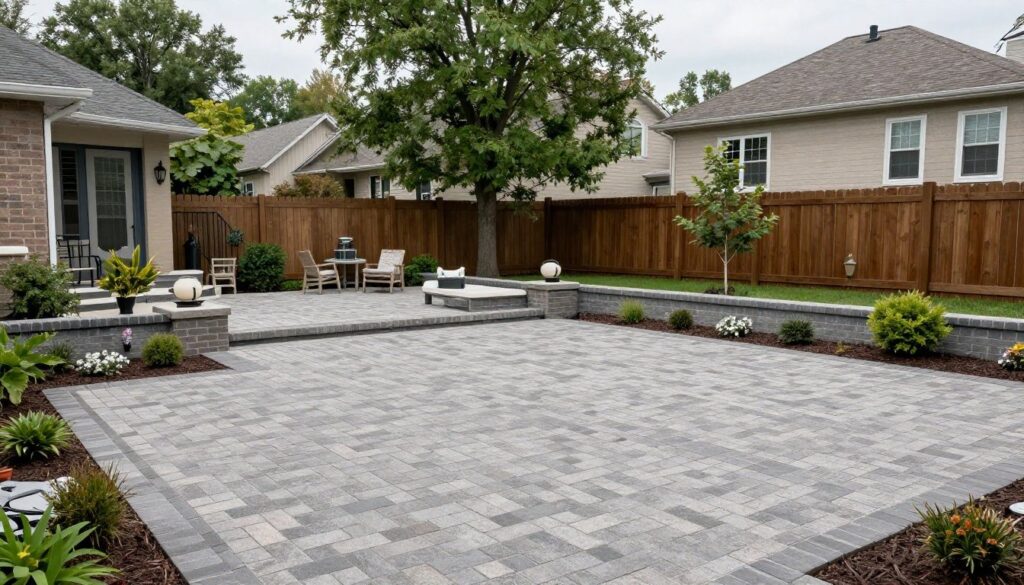 A professional brick paved patio and driveway design in a modern Chicago suburban backyard setting, showcasing intricate paver patterns and high-quality landscaping.