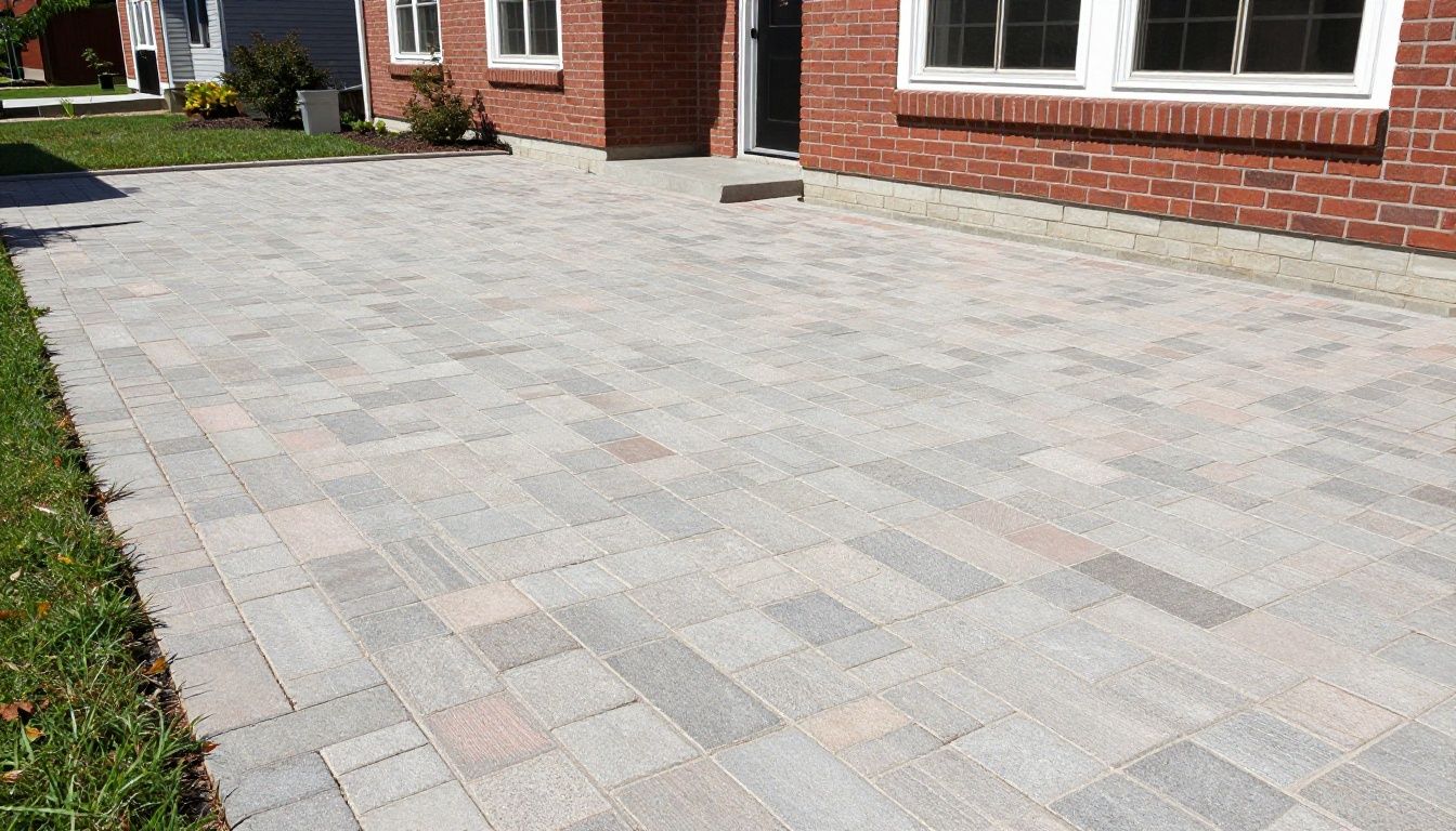 A professional residential brick driveway and patio installation in Chicago featuring durable, high-quality Unilock pavers.