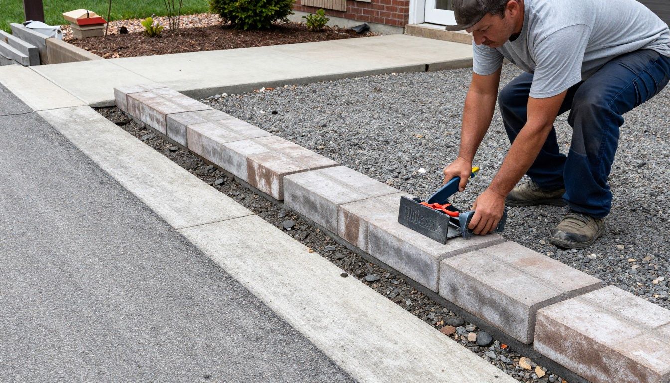 A professional brick paver driveway installation in a Chicago suburb, showcasing high-quality Unilock materials and expert paving craftsmanship.