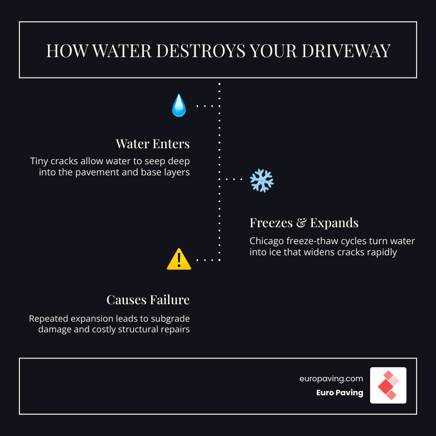 Infographic showing how water enters driveway cracks, freezes, expands, and causes base failure infographic