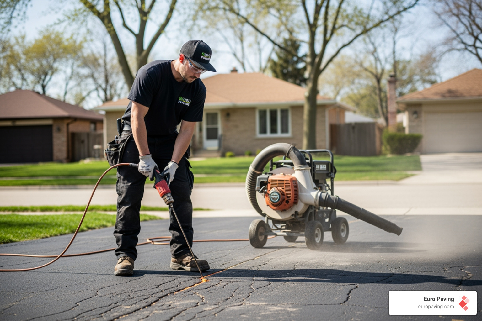 Euro Paving technician using a heat lance and industrial blower