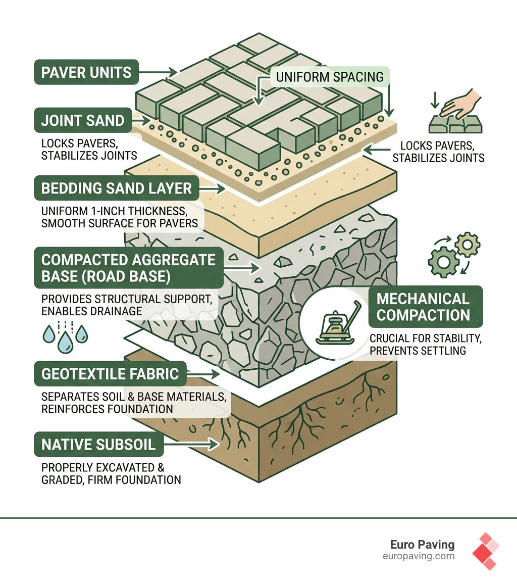 Multi-layered structure of a professional paver installation base system infographic - contractors pavers installation