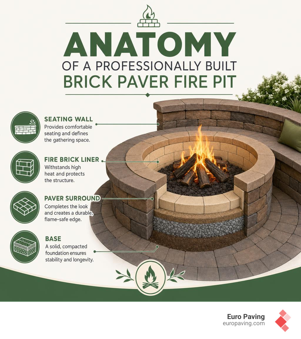 Anatomy of a professionally built brick paver fire pit with labels for base, fire brick liner, seating wall, and paver Anatomy of a professionally built brick paver fire pit with labels for base, fire brick liner, seating wall, and paver
