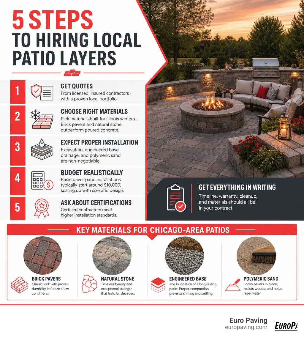 Infographic showing 5 steps to hiring local patio layers and key materials for Chicago-area patios infographic Infographic showing 5 steps to hiring local patio layers and key materials for Chicago-area patios infographic