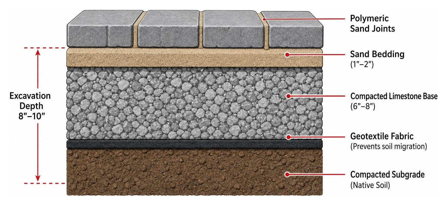 Diagram: Cross-section of a professionally engineered paver patio base showing excavation depth, geotextile fabric