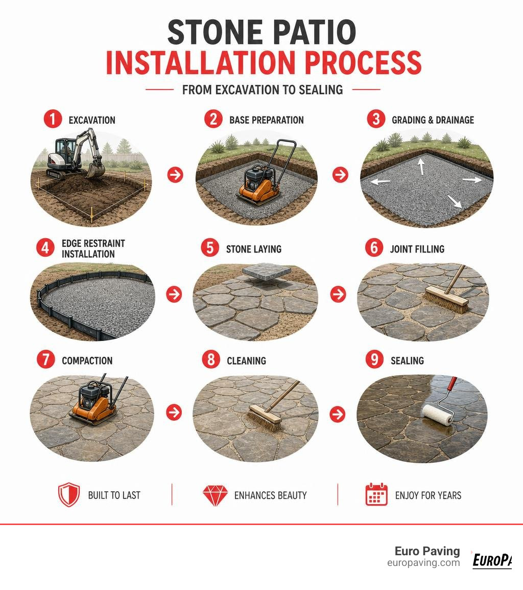Stone patio installation process steps infographic from excavation to sealing infographic Stone patio installation process steps infographic from excavation to sealing infographic
