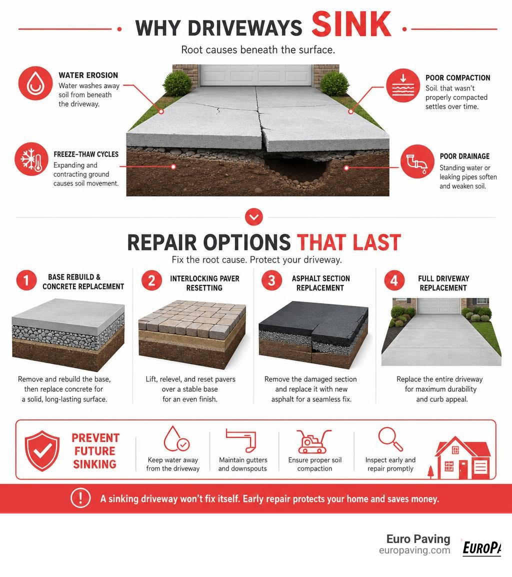 Infographic showing causes of driveway sinking and repair options for homeowners infographic