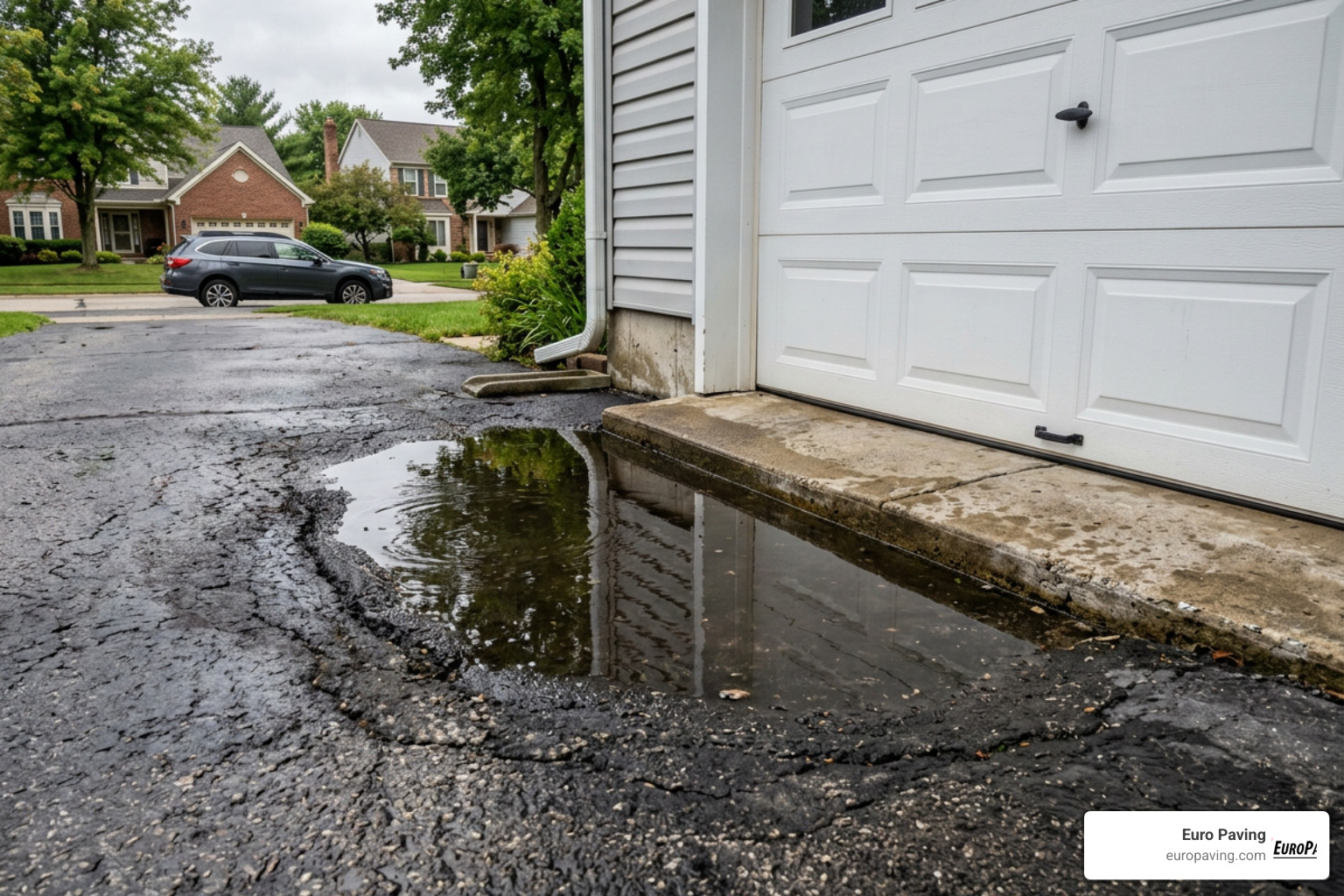 Water pooling on a sunken driveway apron near a garage foundation