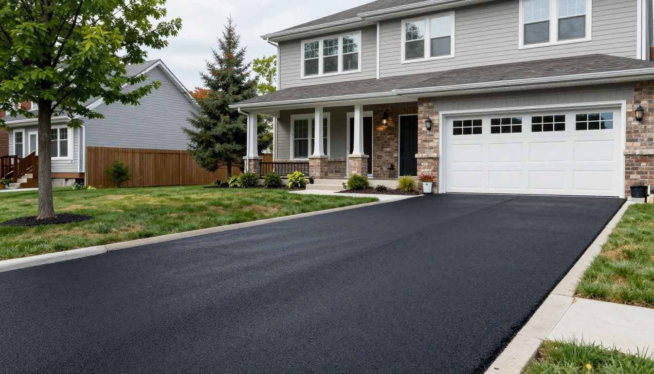 A beautiful residential driveway in a Chicago neighborhood featuring professional asphalt paving that connects seamlessly to a modern home exterior.